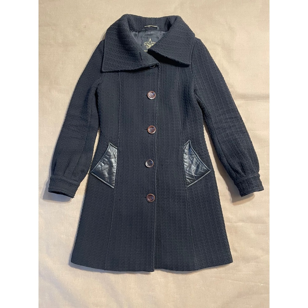 Mackage Wool Coat Size P/S Black Leather Accents Knit Buttons Collar Luxury Chic